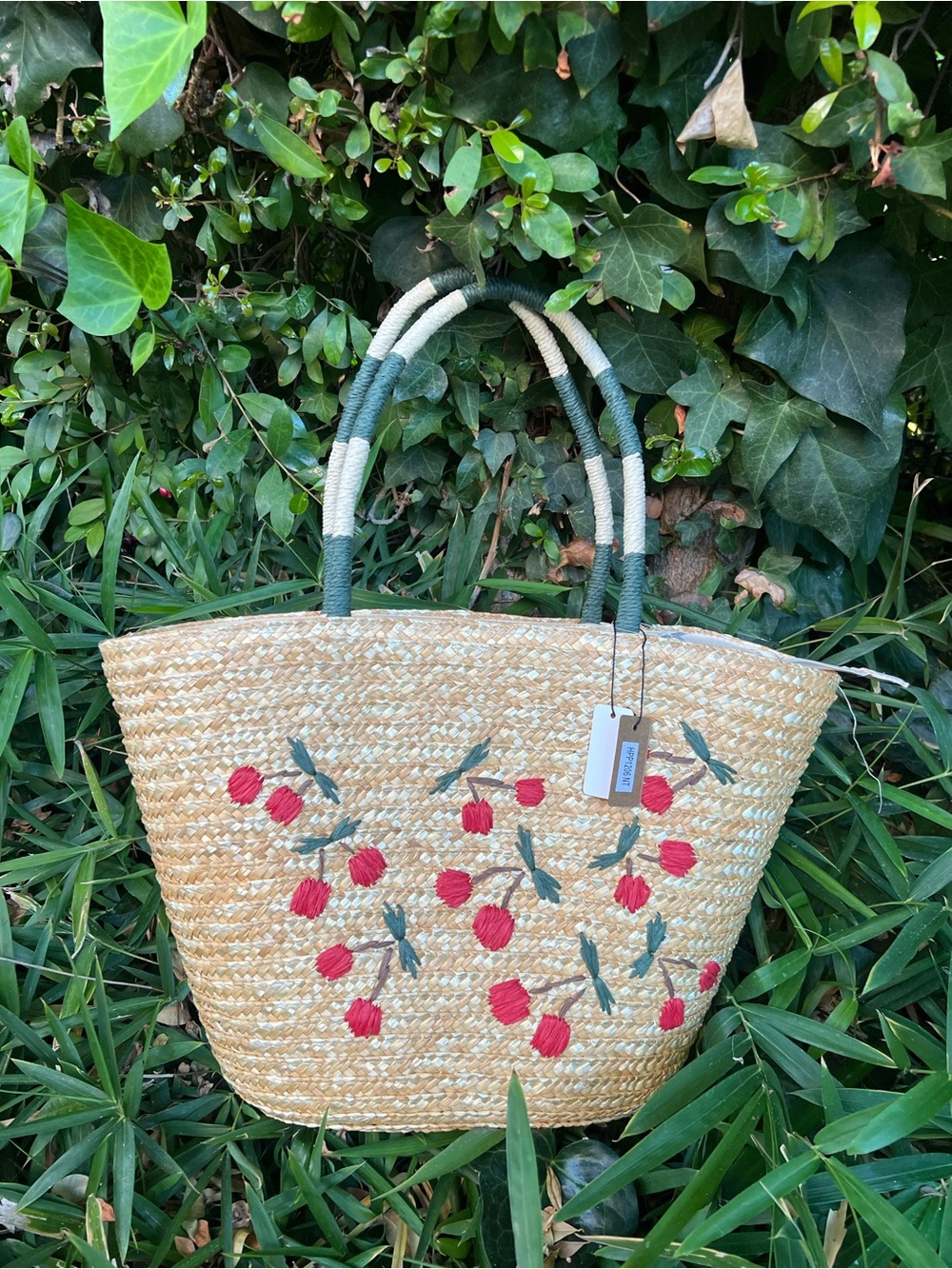 Embroidered Cherry Straw Tote - Natural/Red